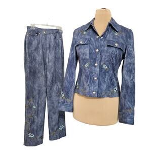 Rena Lange Blue Floral Cotton Two-Piece Snap Front Blazer And Pant Suit Set